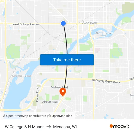 W College & N Mason to Menasha, WI map
