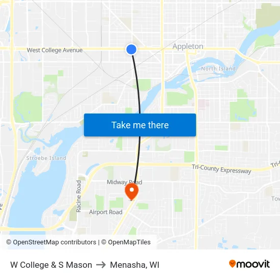 W College & S Mason to Menasha, WI map