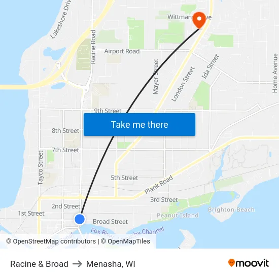 Racine & Broad to Menasha, WI map