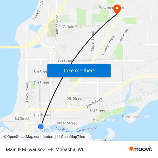 Main & Milwaukee to Menasha, WI map
