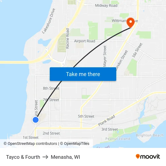 Tayco & Fourth to Menasha, WI map