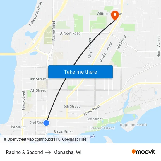 Racine & Second to Menasha, WI map