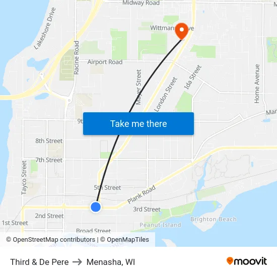 Third & De Pere to Menasha, WI map