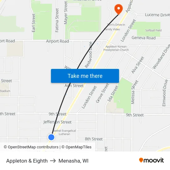 Appleton & Eighth to Menasha, WI map