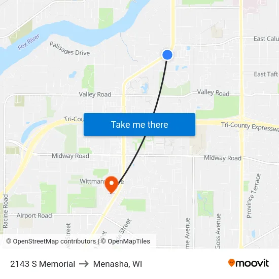 2143 S Memorial to Menasha, WI map