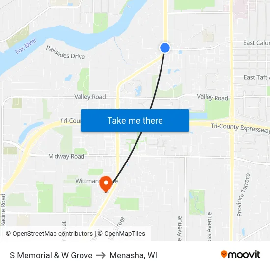 S Memorial & W Grove to Menasha, WI map