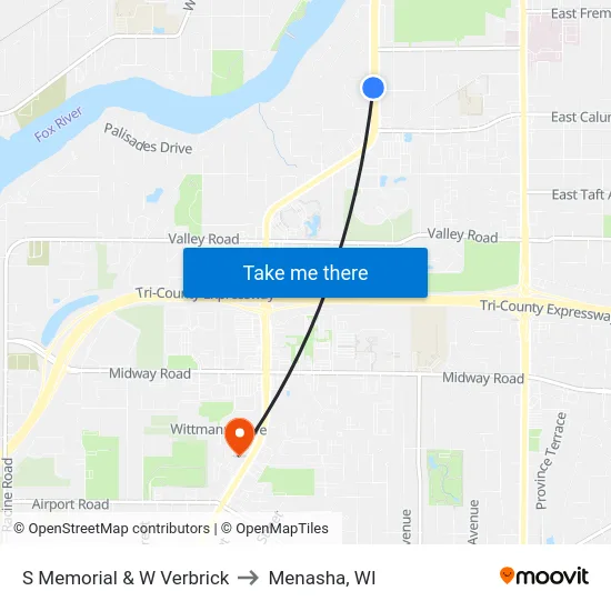 S Memorial & W Verbrick to Menasha, WI map