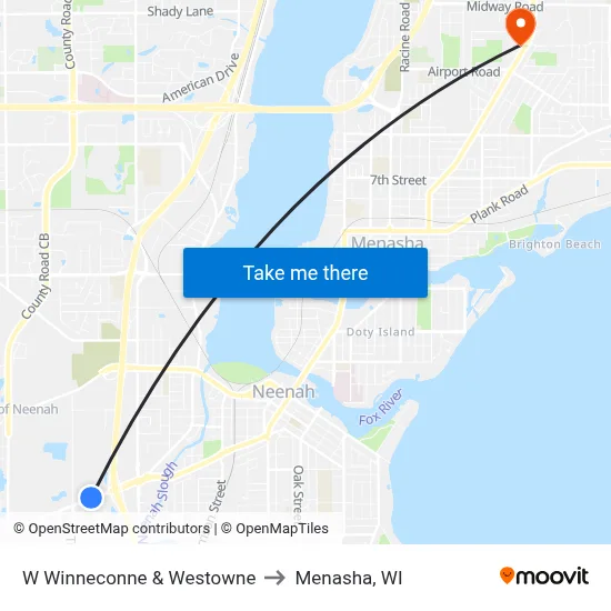 W Winneconne & Westowne to Menasha, WI map