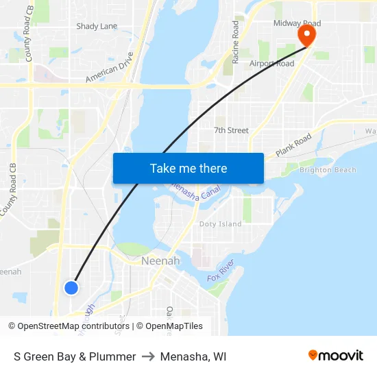 S Green Bay & Plummer to Menasha, WI map
