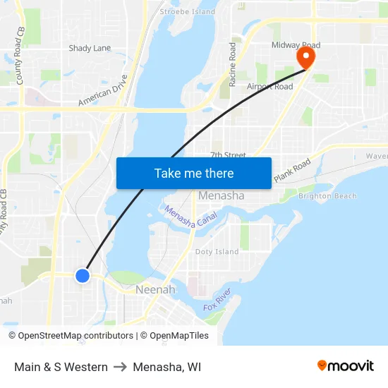 Main & S Western to Menasha, WI map