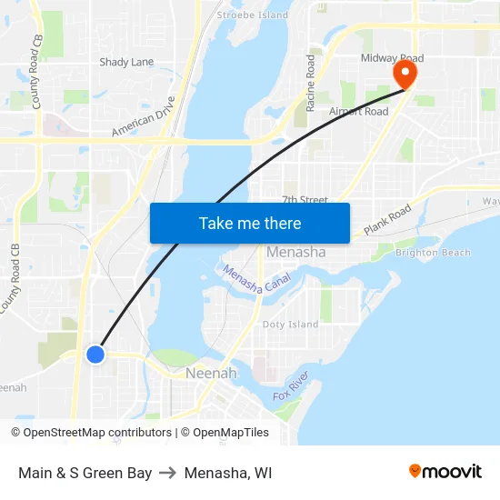 Main & S Green Bay to Menasha, WI map