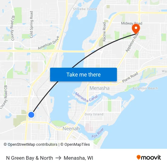 N Green Bay & North to Menasha, WI map