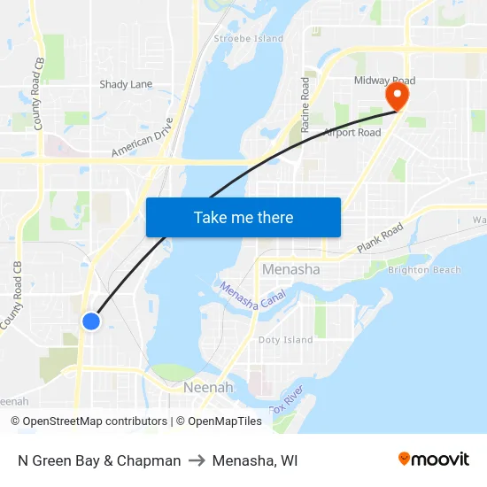 N Green Bay & Chapman to Menasha, WI map