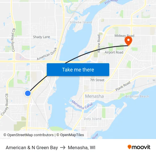 American & N Green Bay to Menasha, WI map