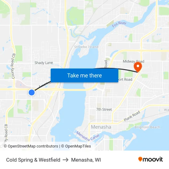 Cold Spring & Westfield to Menasha, WI map