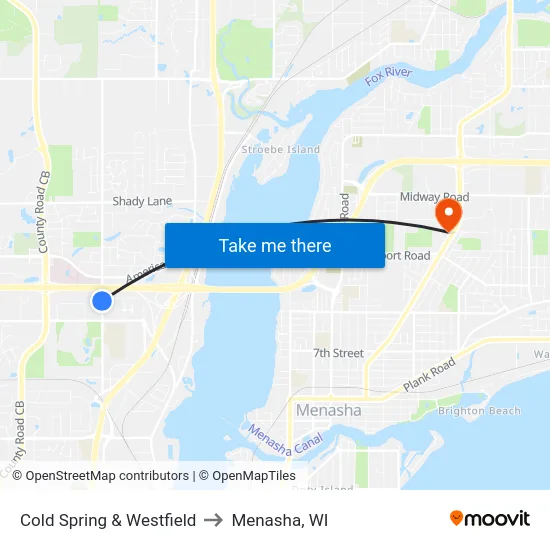 Cold Spring & Westfield to Menasha, WI map