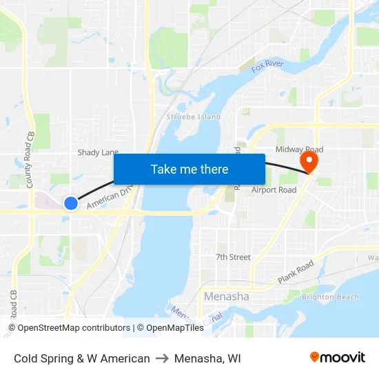 Cold Spring & W  American to Menasha, WI map