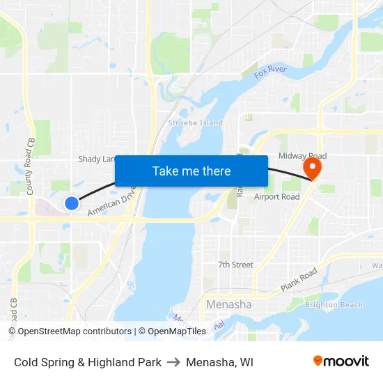 Cold Spring & Highland Park to Menasha, WI map