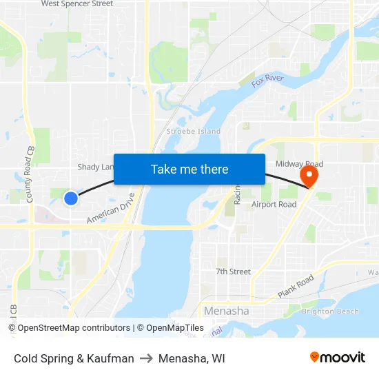Cold Spring & Kaufman to Menasha, WI map