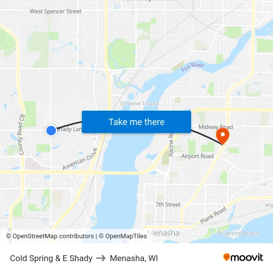 Cold Spring & E Shady to Menasha, WI map