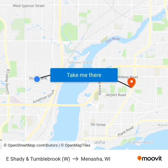 E Shady & Tumblebrook (W) to Menasha, WI map
