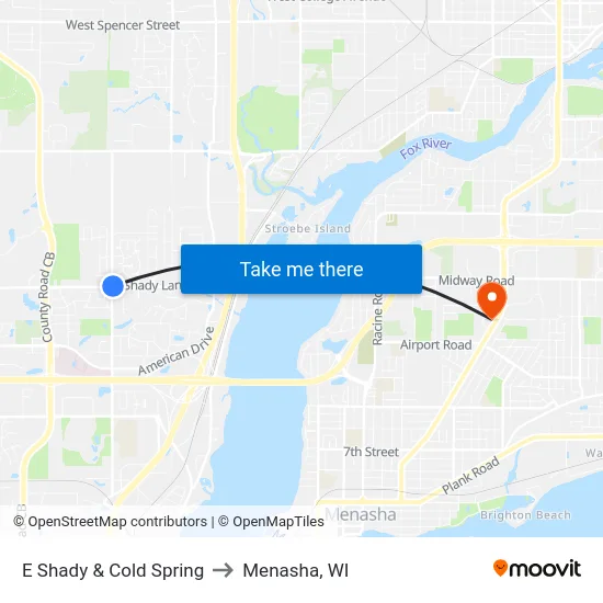 E Shady & Cold Spring to Menasha, WI map