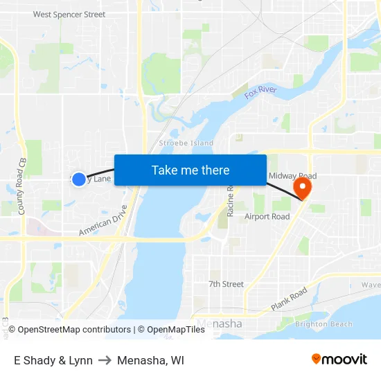 E Shady & Lynn to Menasha, WI map