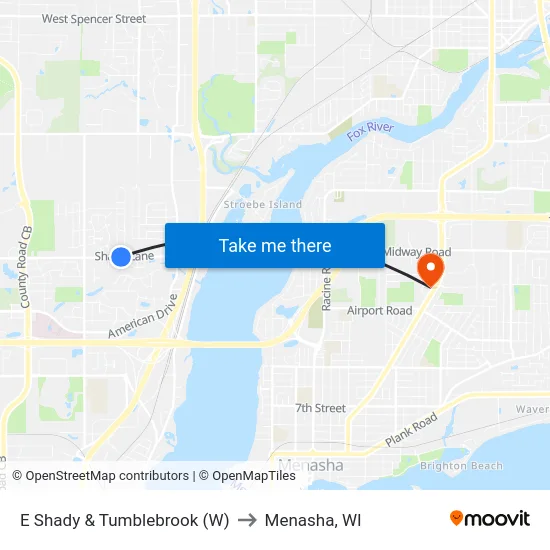 E Shady & Tumblebrook (W) to Menasha, WI map