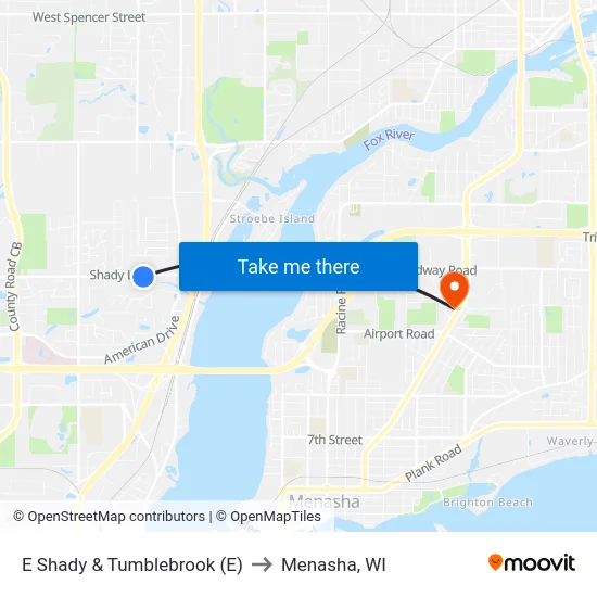 E Shady & Tumblebrook (E) to Menasha, WI map