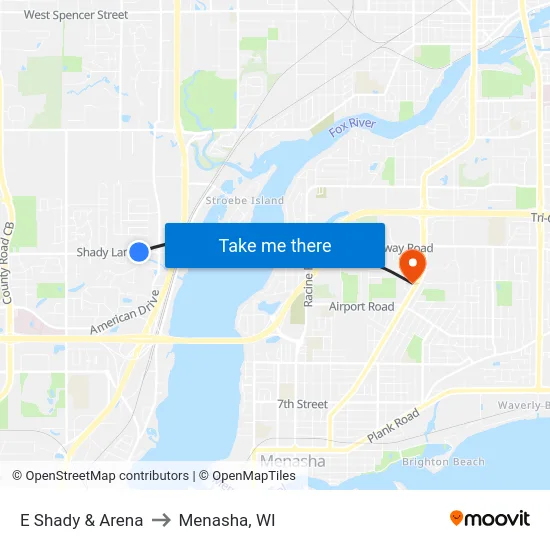 E Shady & Arena to Menasha, WI map
