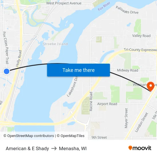 American & E Shady to Menasha, WI map