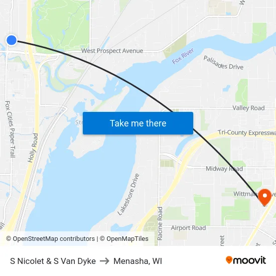 S Nicolet & S Van Dyke to Menasha, WI map