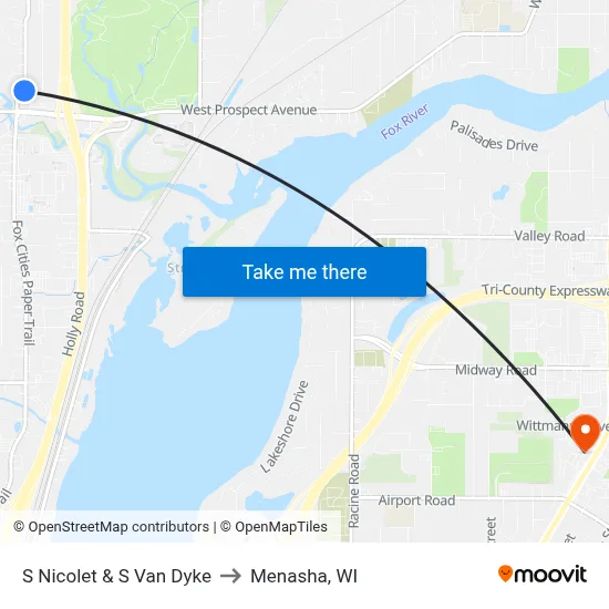 S Nicolet & S Van Dyke to Menasha, WI map