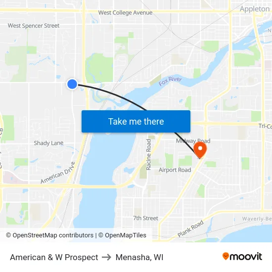 American & W Prospect to Menasha, WI map