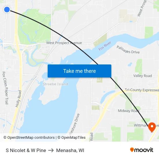 S Nicolet & W Pine to Menasha, WI map