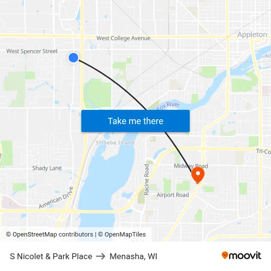 S Nicolet & Park Place to Menasha, WI map