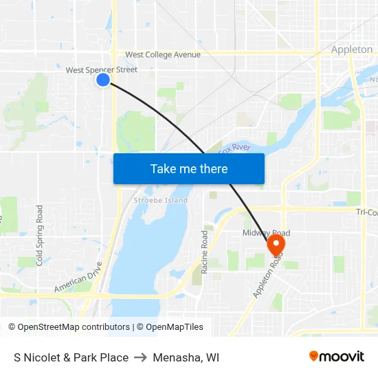S Nicolet & Park Place to Menasha, WI map