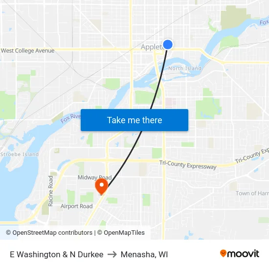 E Washington & N Durkee to Menasha, WI map