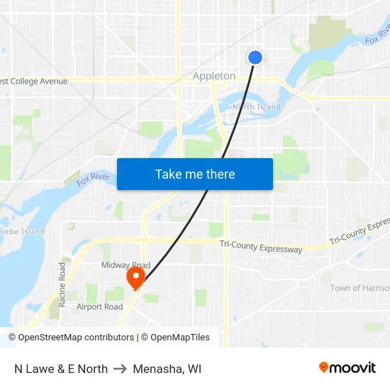 N Lawe & E North to Menasha, WI map