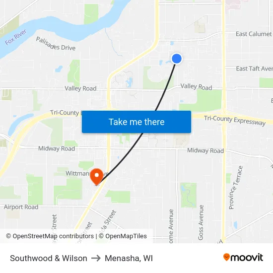 Southwood & Wilson to Menasha, WI map
