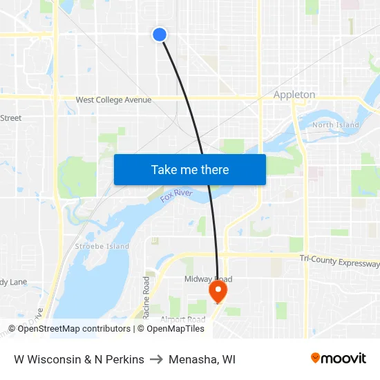 W Wisconsin & N Perkins to Menasha, WI map