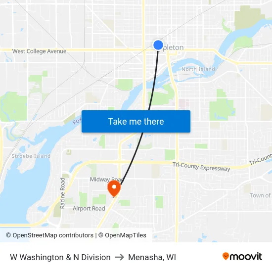 W Washington & N Division to Menasha, WI map