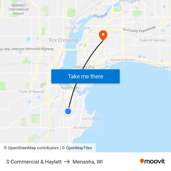 S Commercial & Haylett to Menasha, WI map