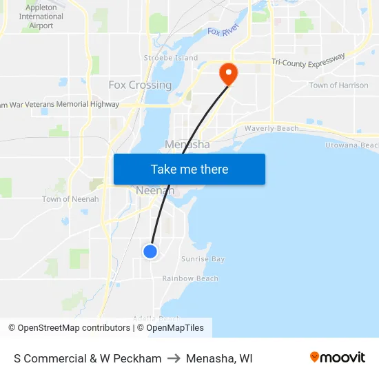 S Commercial & W Peckham to Menasha, WI map