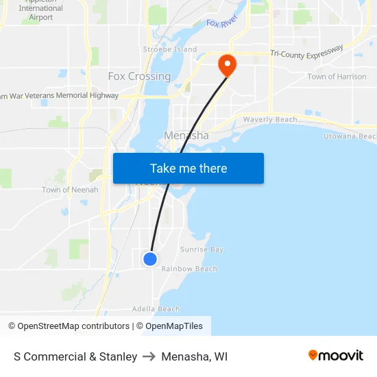S Commercial & Stanley to Menasha, WI map