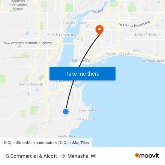 S Commercial & Alcott to Menasha, WI map