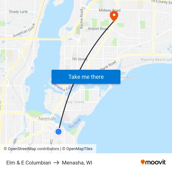 Elm & E Columbian to Menasha, WI map