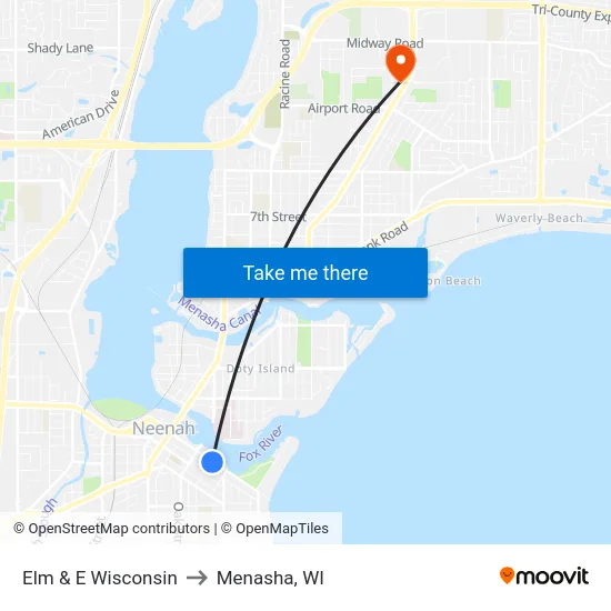 Elm & E Wisconsin to Menasha, WI map