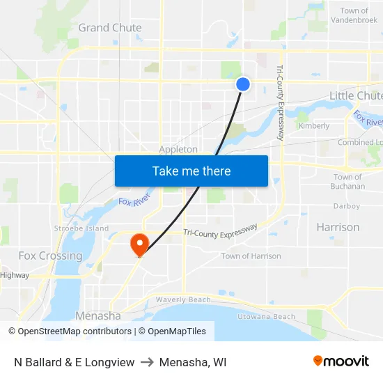 N Ballard & E Longview to Menasha, WI map