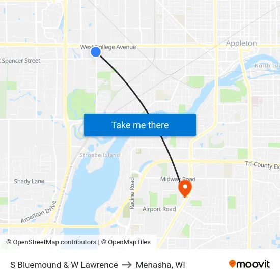 S Bluemound & W Lawrence to Menasha, WI map